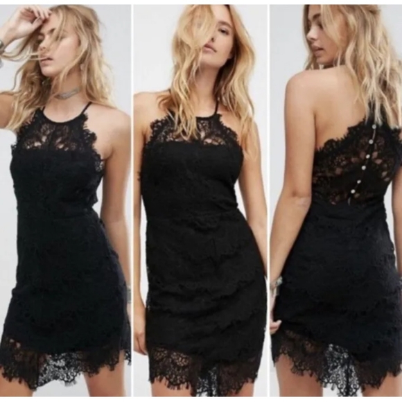 FREE PEOPLE Lace Mini Dress Slip Bodycon Eyelash Lace Halter Black LBD XS 0 2 - Picture 10 of 10